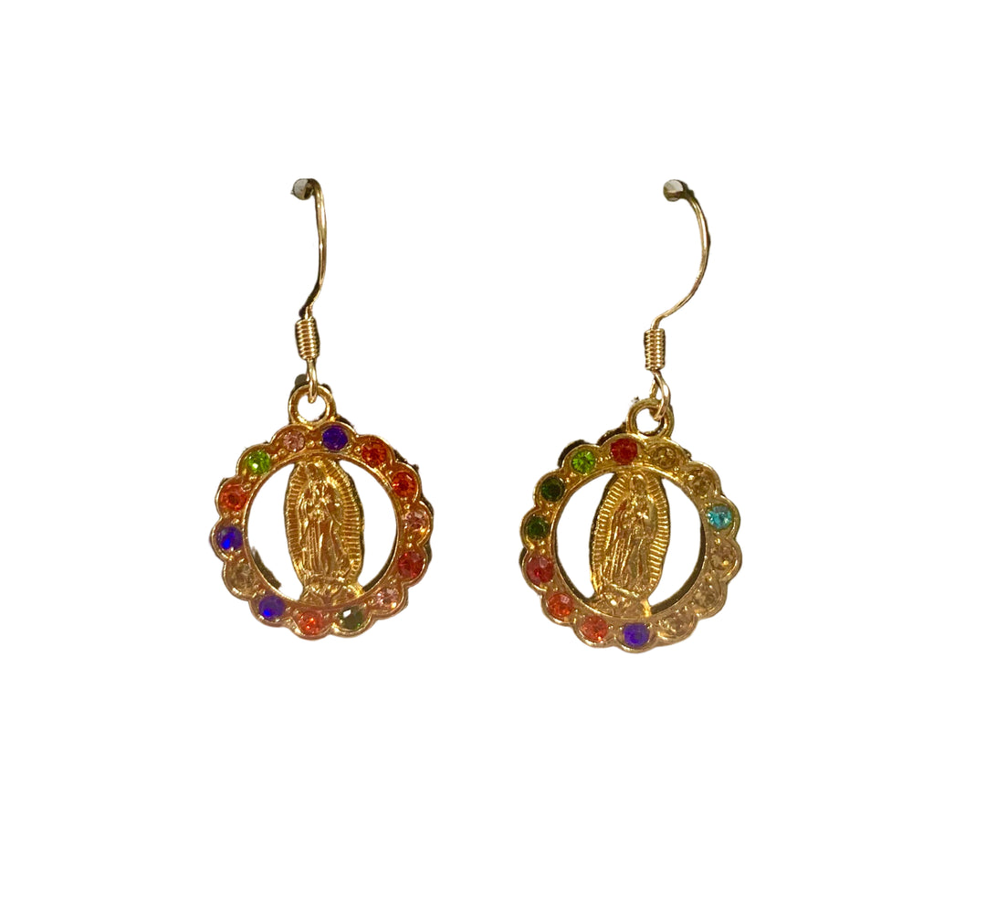 Gold-Plated Multicolor Crystal Our Lady of Guadalupe Circular Earrings
