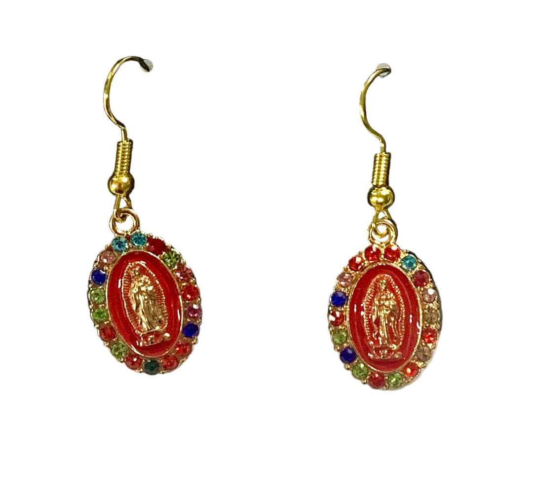 Gold-Plated Multicolor Crystal Our Lady of Guadalupe Earrings
