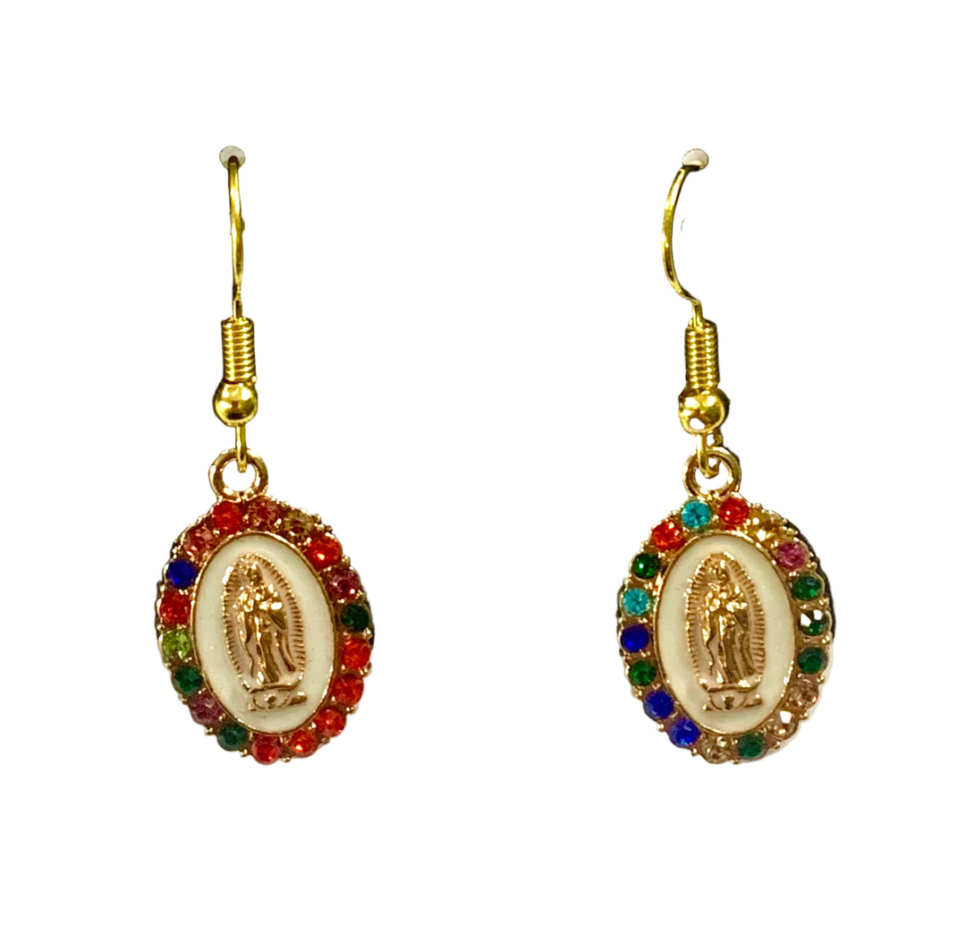 Gold-Plated Multicolor Crystal Our Lady of Guadalupe Earrings
