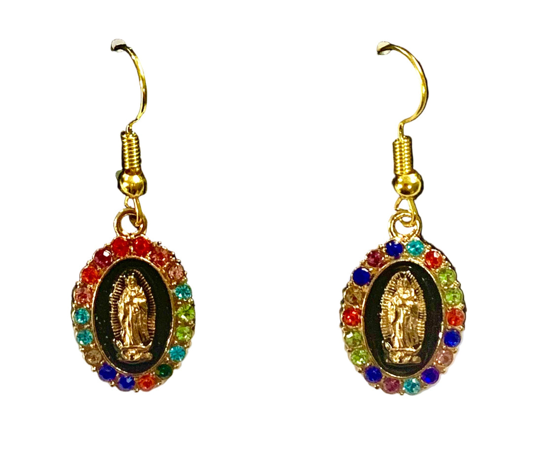 Gold-Plated Multicolor Crystal Our Lady of Guadalupe Earrings