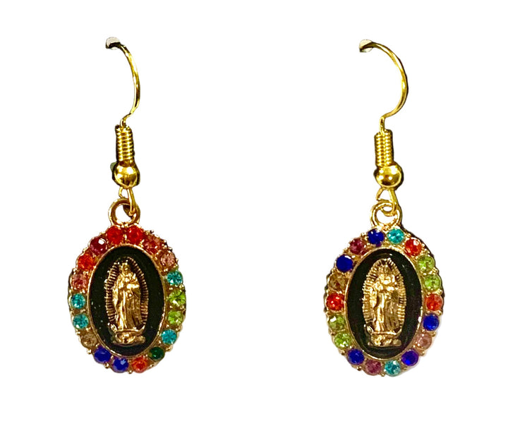 Gold-Plated Multicolor Crystal Our Lady of Guadalupe Earrings