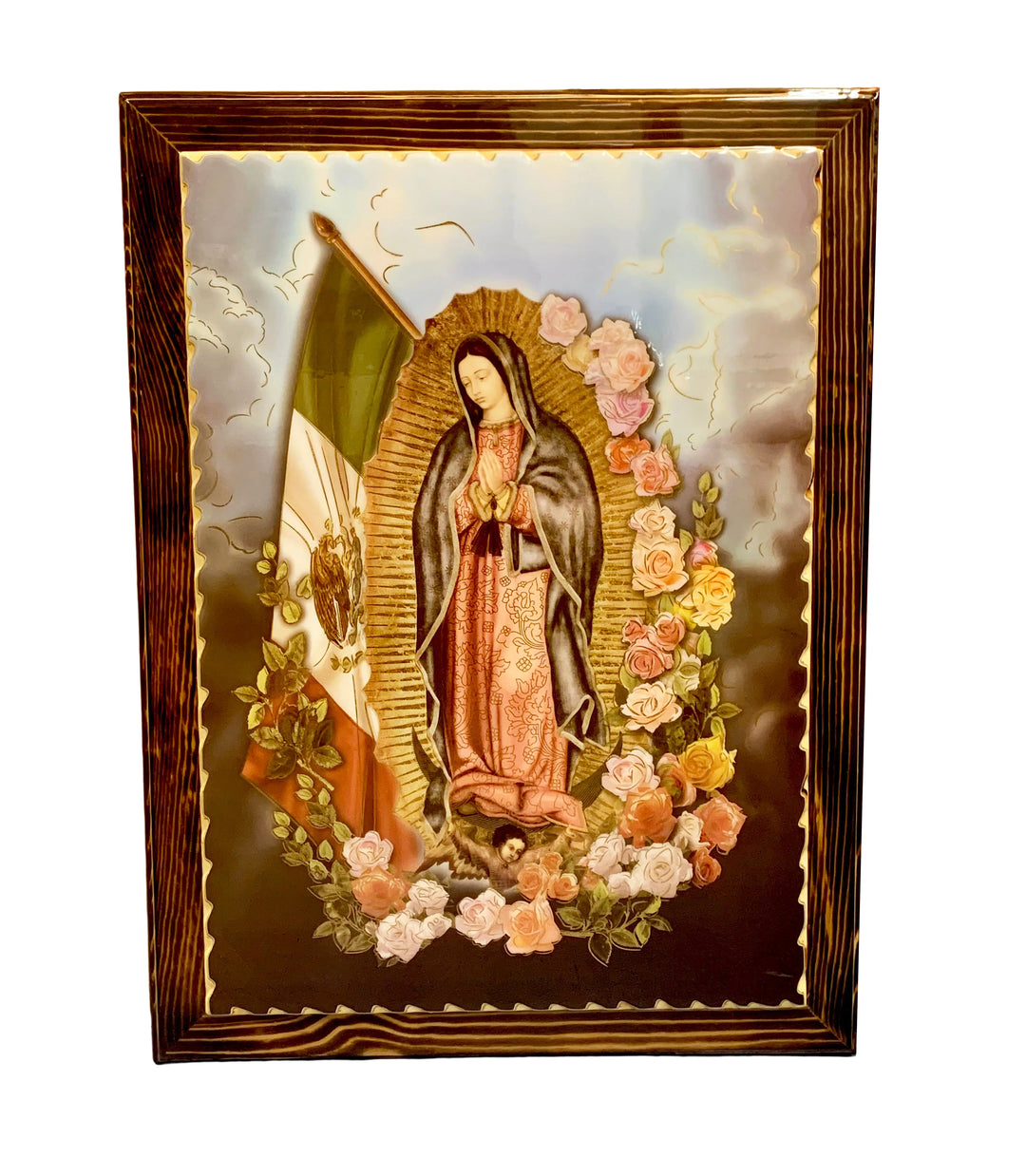 23.5" x 31.5" Our Lady of Guadalupe with Mexico Flag Wood Plaque