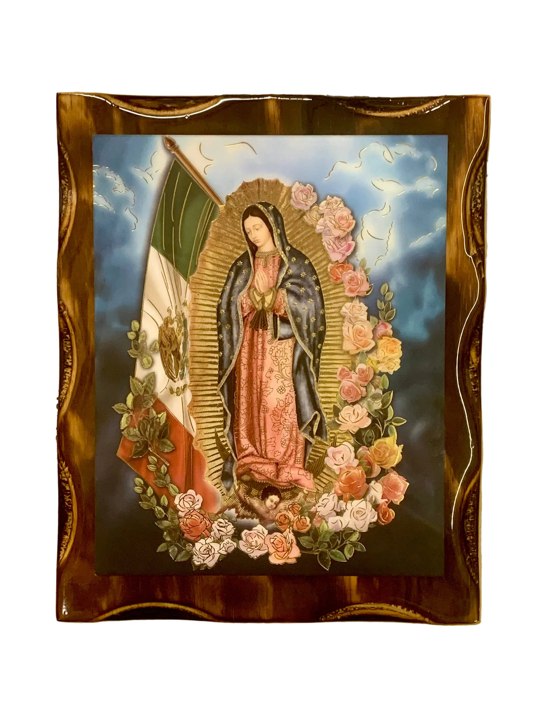 9.5 x 12" Our Lady of Guadalupe with Mexico Flag Resin Wood Wall Plaque