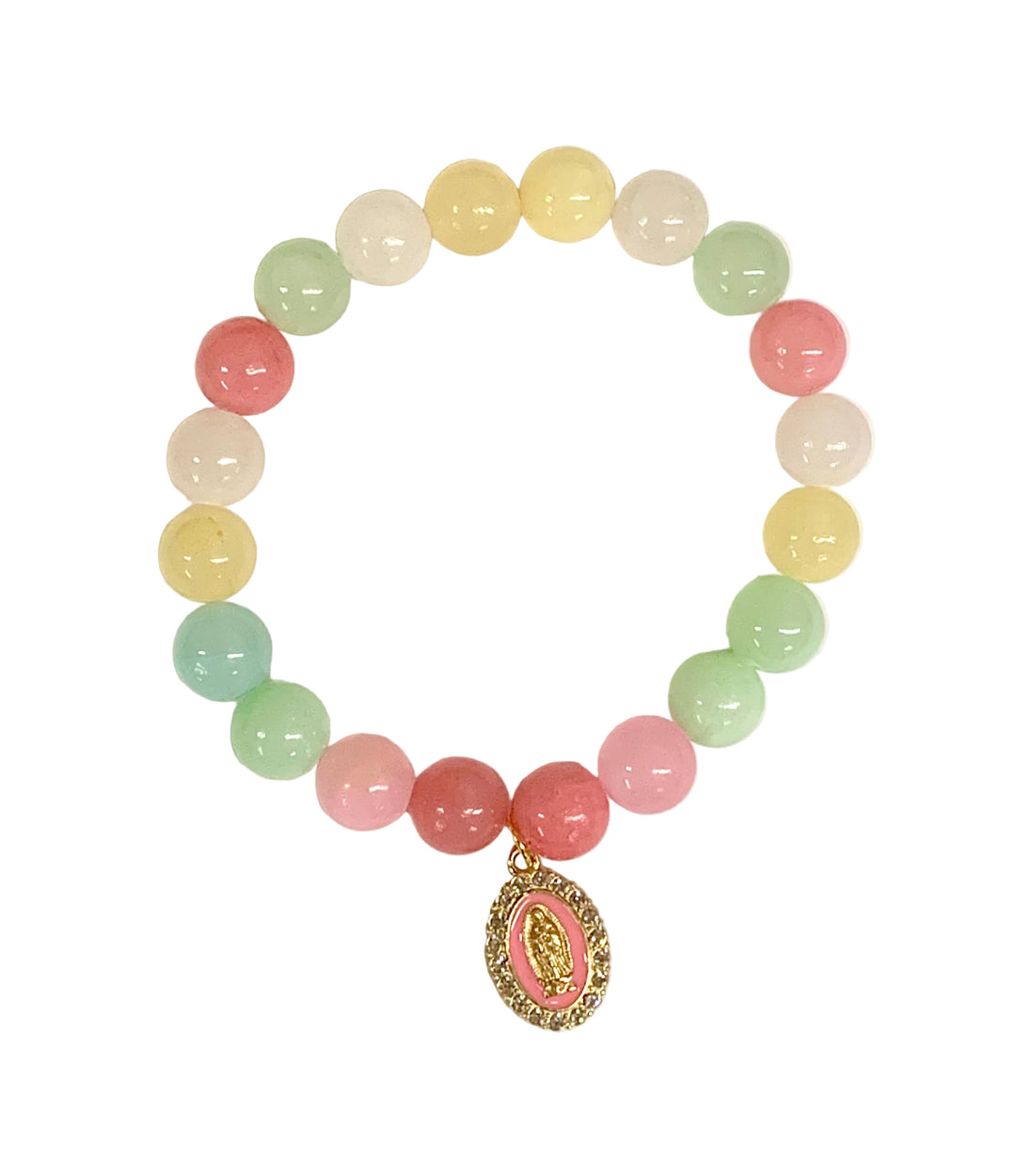10mm Multicolor Glass Bracelet with Our Lady of Guadalupe Charm