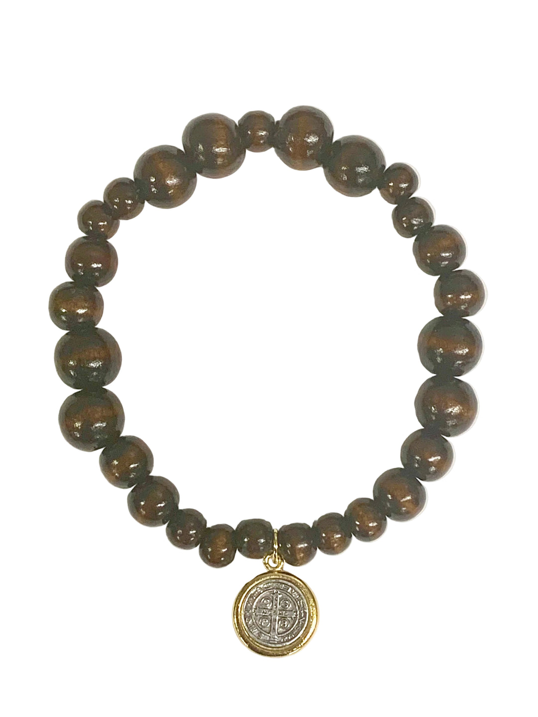 8mm x 10mm Dark Wood Bracelet with Two-Tone St. Benedict Medal