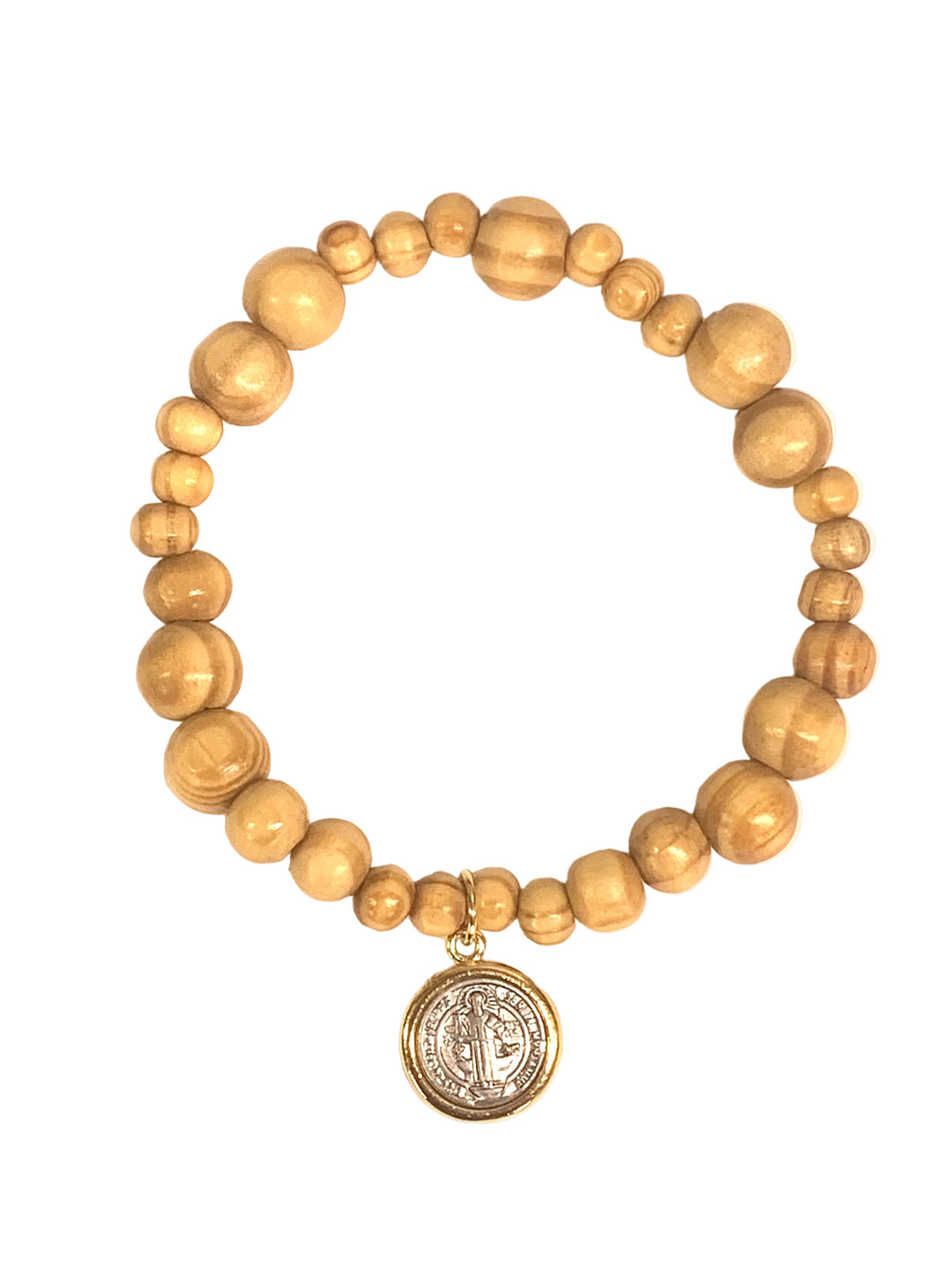 8mm x 10mm Wood Bracelet with Two-Tone St. Benedict Medal