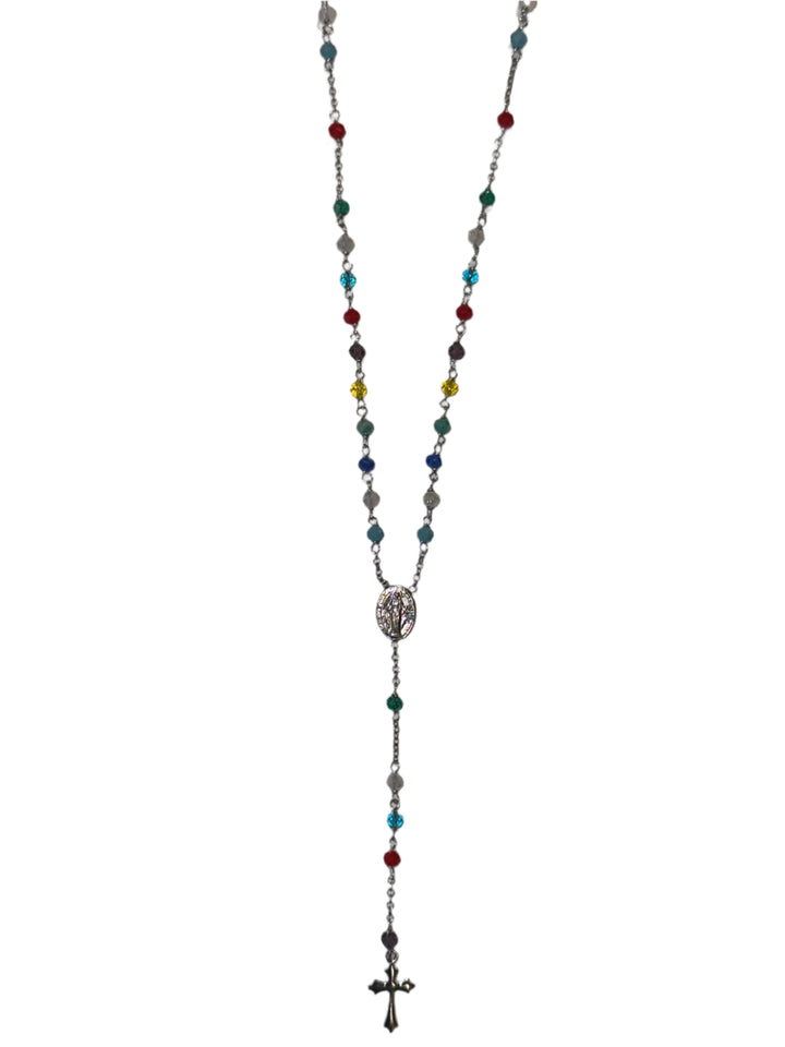 Sterling Silver Rainbow Agate Miraculous Medal Rosary with Clasp