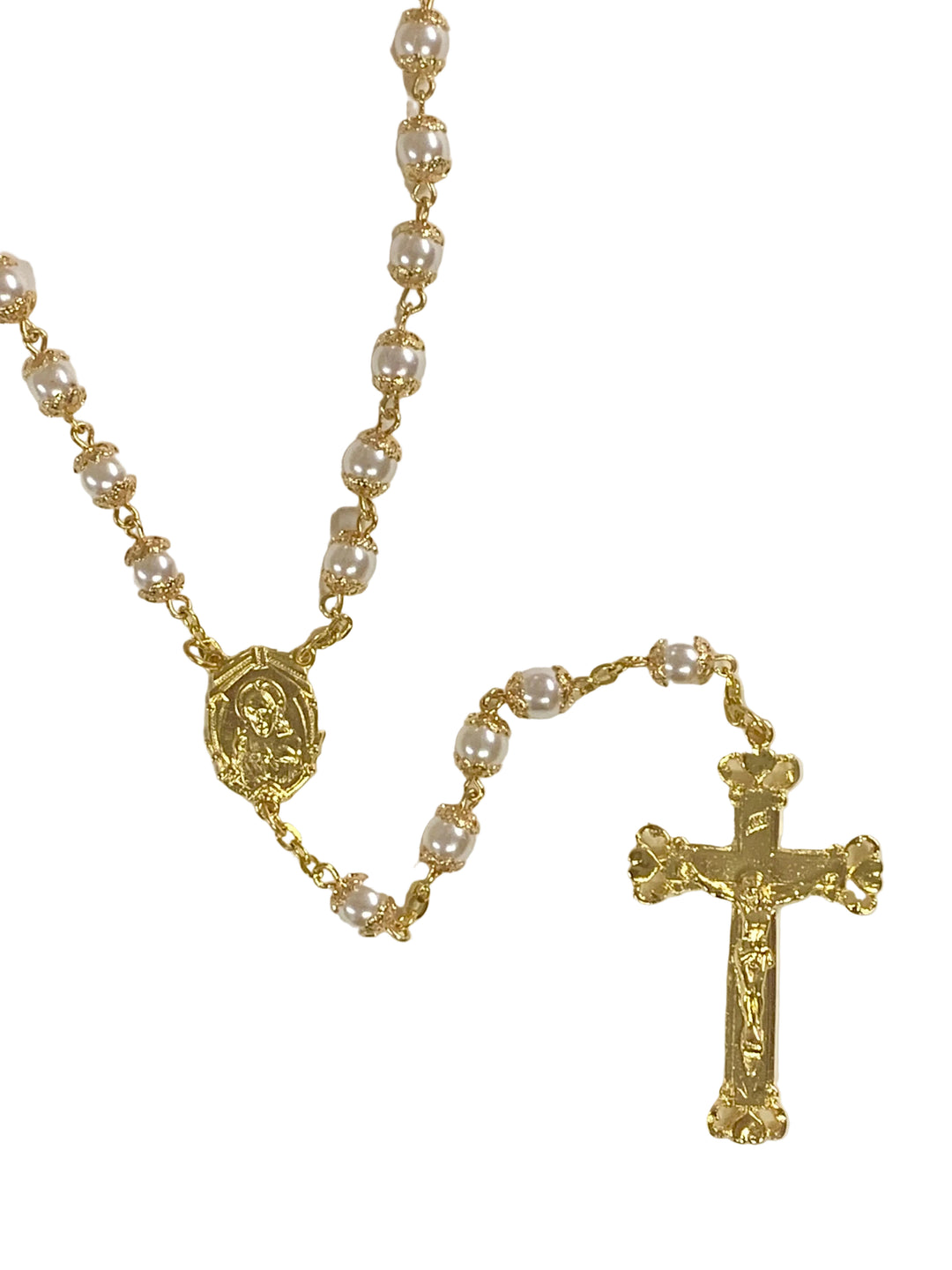 6mm Pearl Gold Capped Rosary