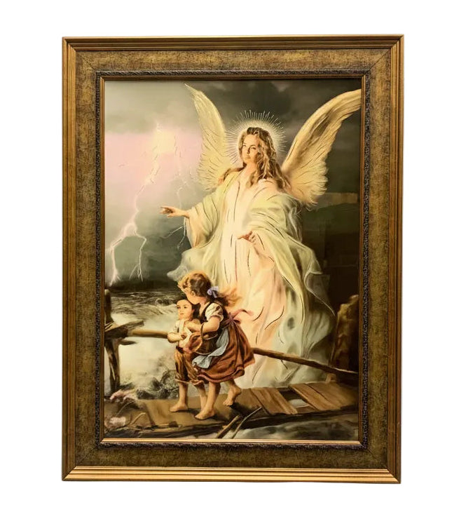26" x 33" Guardian Angel On Bridge Wood Frame