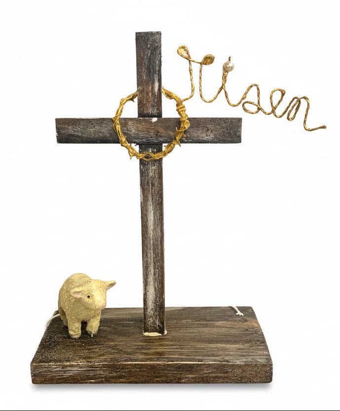 8.5" Standing Wooden Risen Cross with Lamb