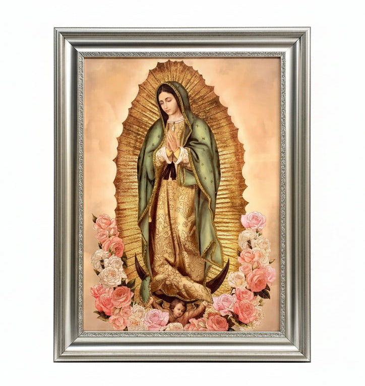 25" x 33" Our Lady of Guadalupe with Roses Silver Wood Frame