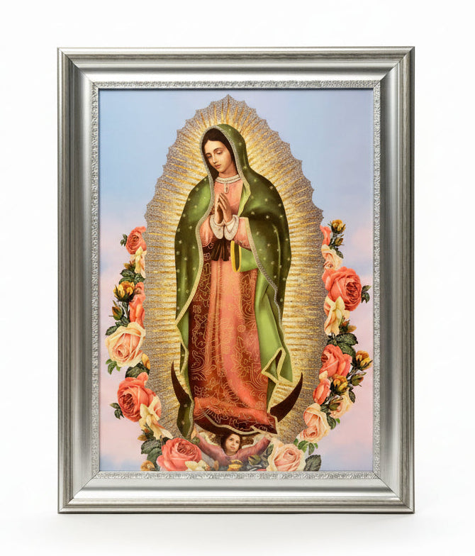 25" x 33" Shimmering Our Lady of Guadalupe Silver Wood Frame
