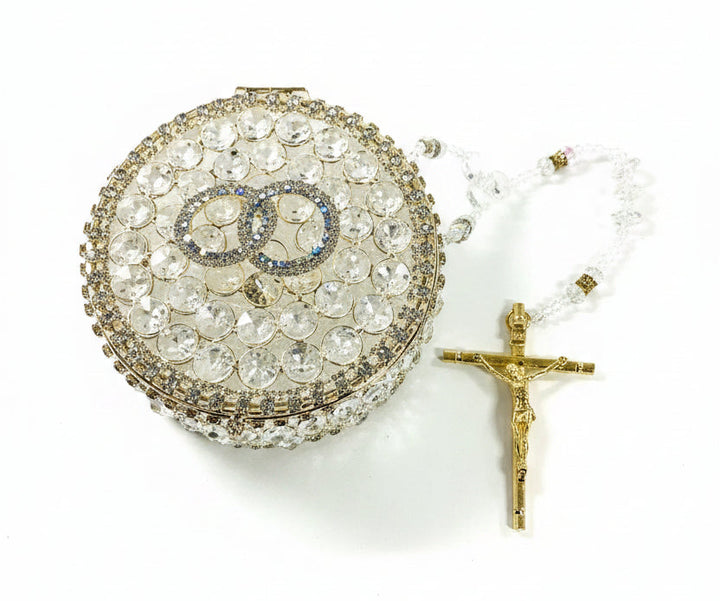 42" Gold Crystal Wedding Lasso with Circular Gold-Plated Crystal Ring Box