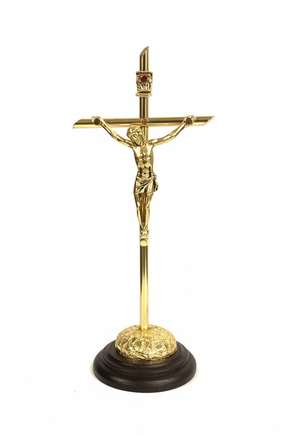 5.5" Gold Metal Crucifix with Rounded Wood Base