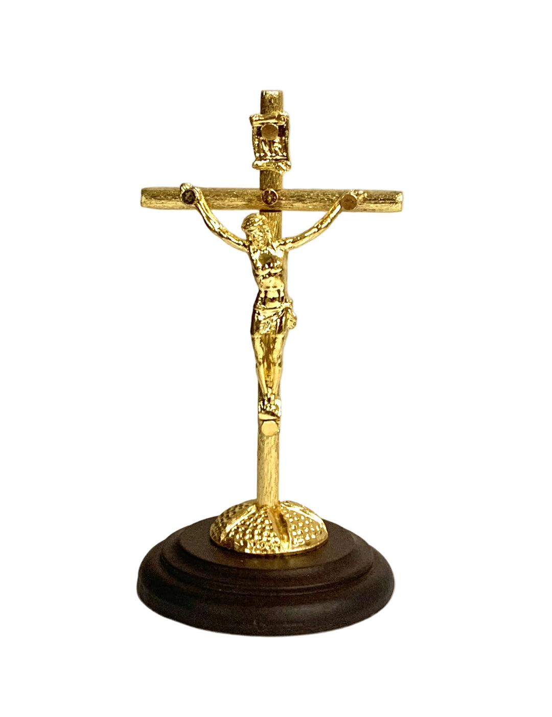 3.5" Gold Metal Crucifix with Rounded Wooden Base