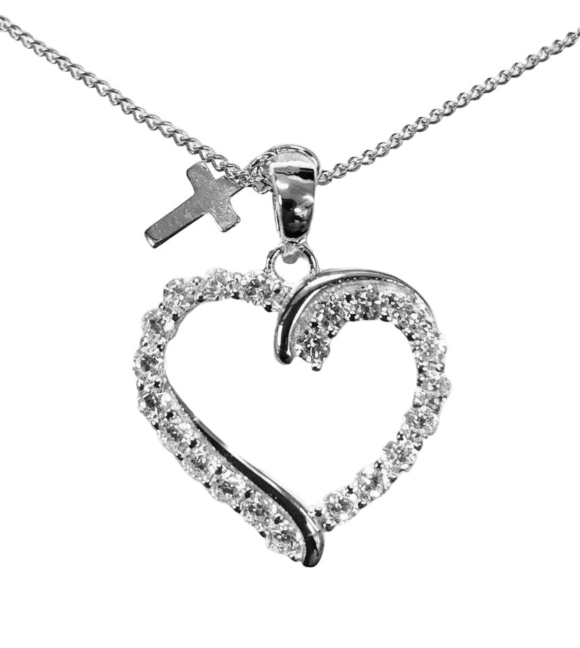 18" Sterling Silver Cubic Zirconia Heart Pendant