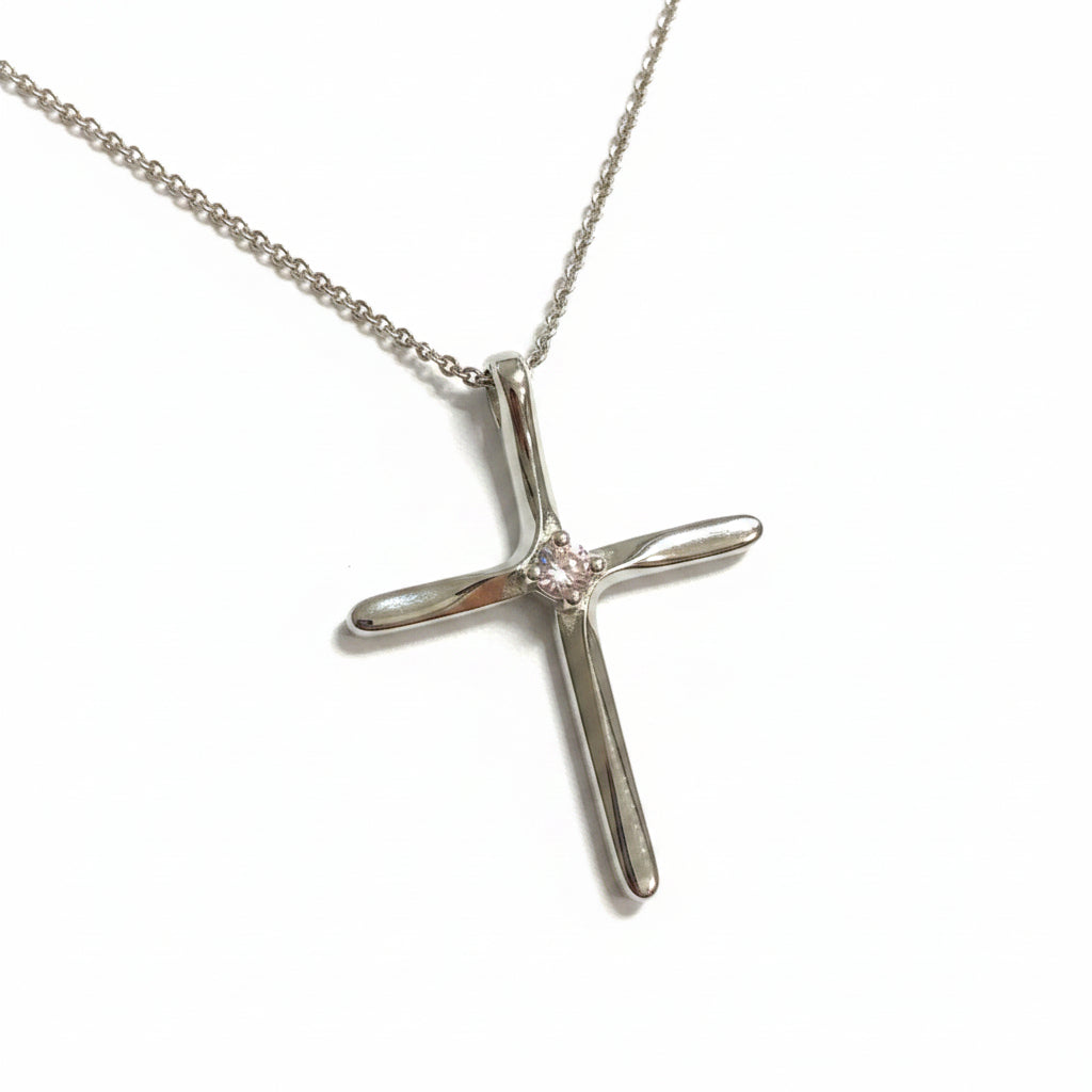 18" Sterling Silver Cross with Pink Cubic Zirconia