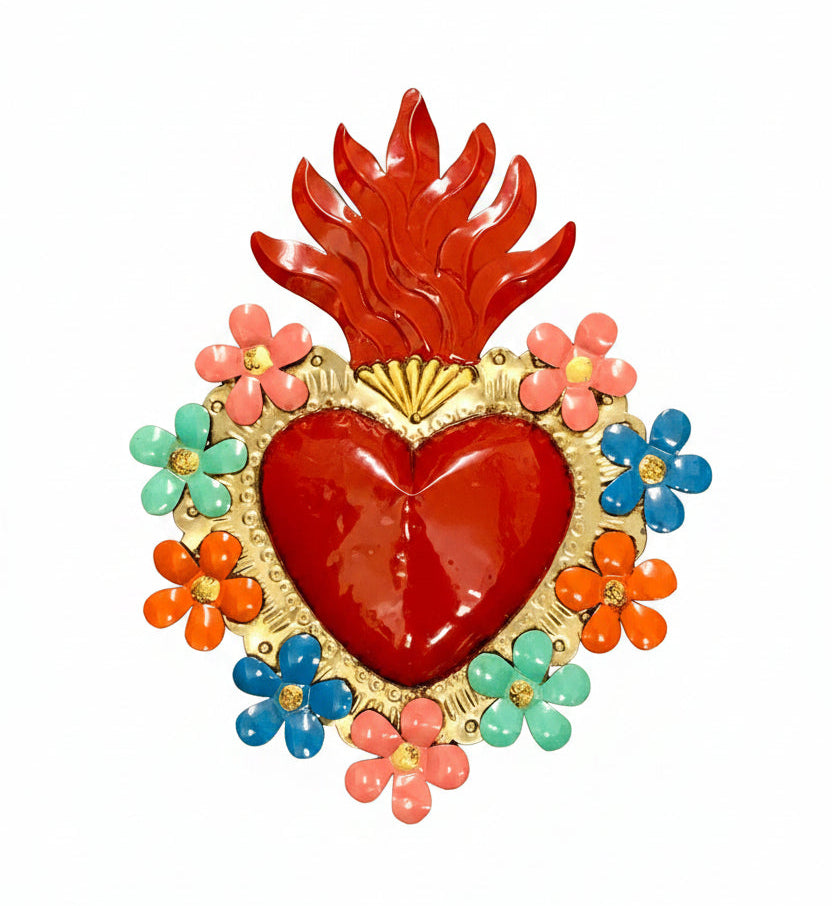 9" Hand Painted Tin Sacred Heart with Flowers