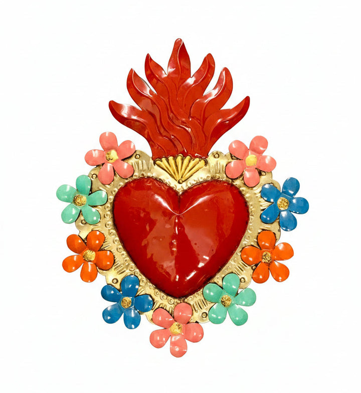 9" Hand Painted Tin Sacred Heart with Flowers