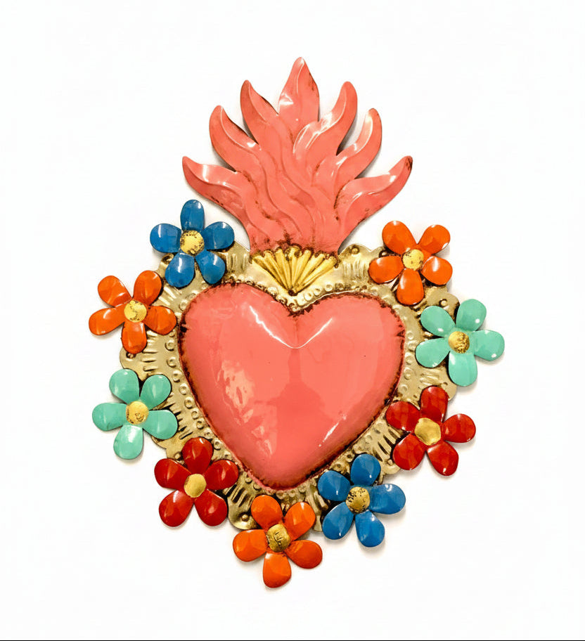 12.5" Hand Painted Tin Sacred Heart with Flowers