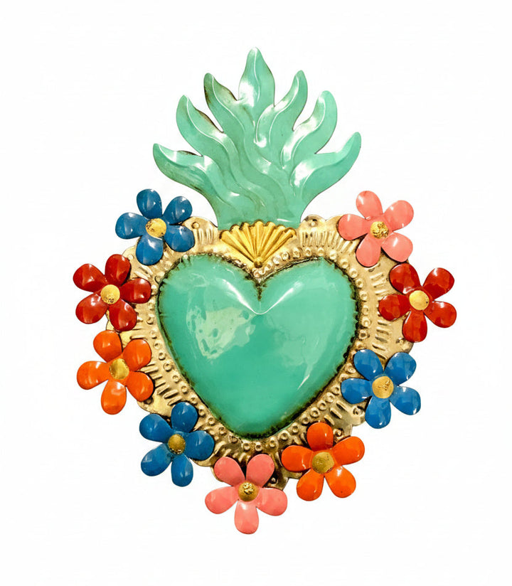 9" Hand Painted Tin Sacred Heart with Flowers