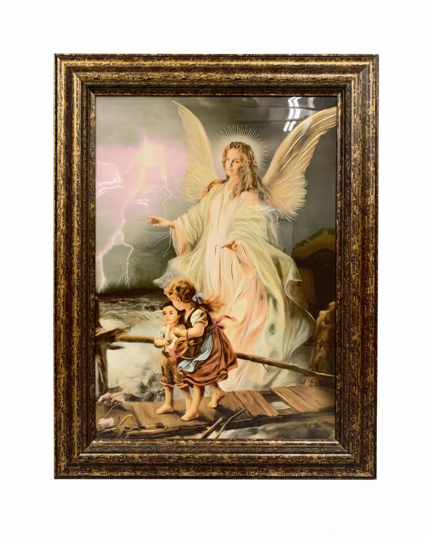 20" x 28" Guardian Angel On Bridge Wood Frame