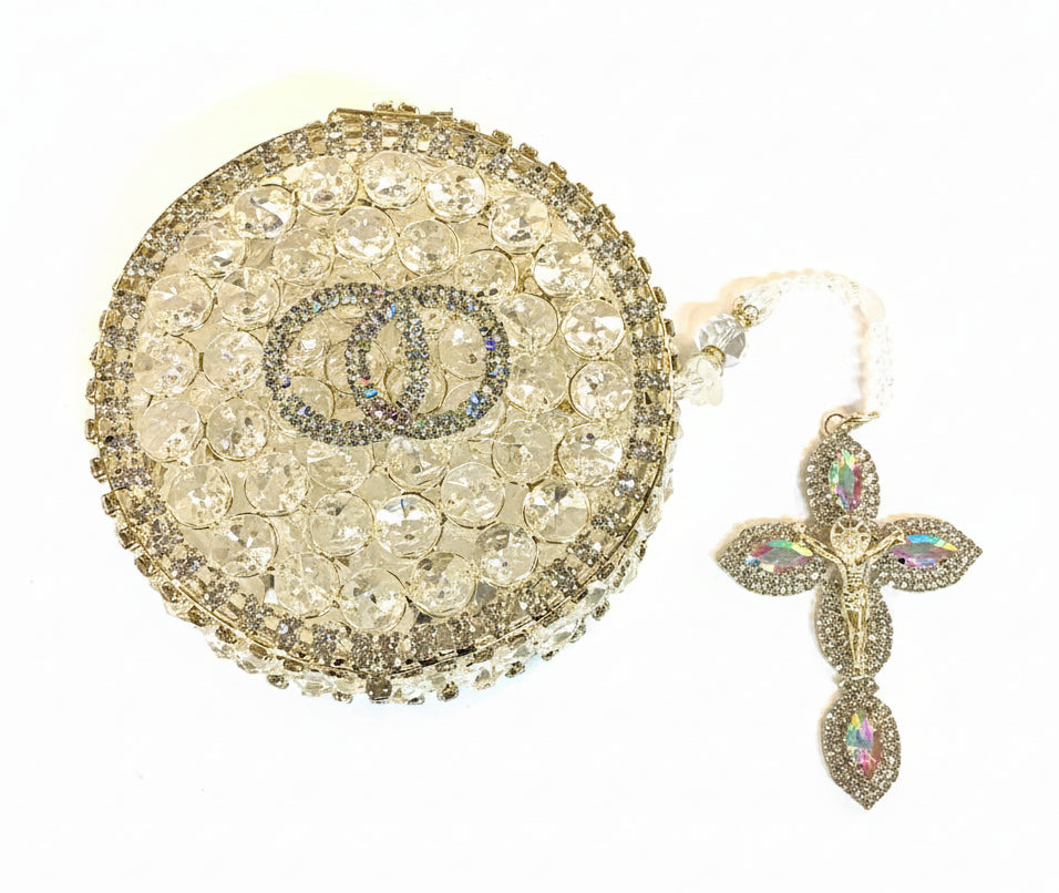 44" Gold Frosted Crystal Wedding Lasso with Circular Gold-Plated Crystal Ring Box
