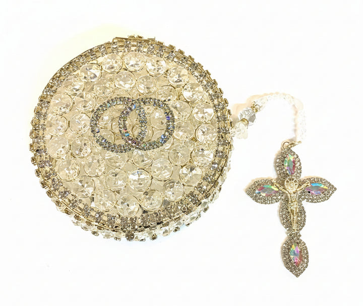 44" Gold Frosted Crystal Wedding Lasso with Circular Gold-Plated Crystal Ring Box