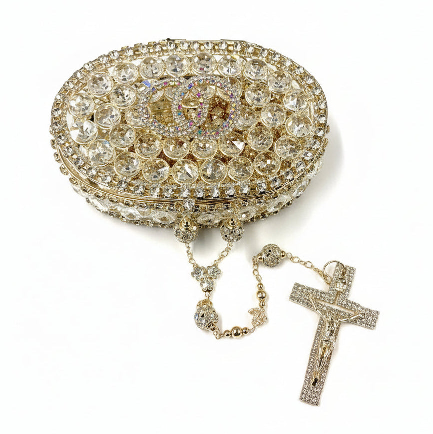 45" Gold Crystal Wedding Lasso with Rounded Crystal Interlocking Ring Box