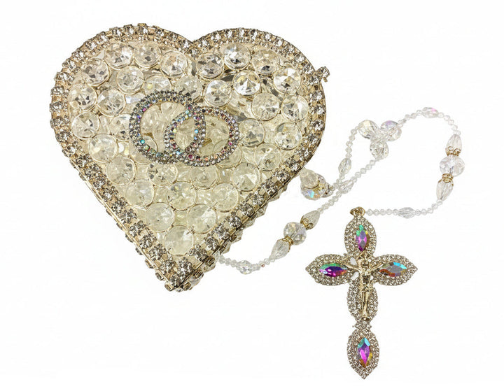 42" Gold Crystal Wedding Lasso with Crystal Ring Heart Box