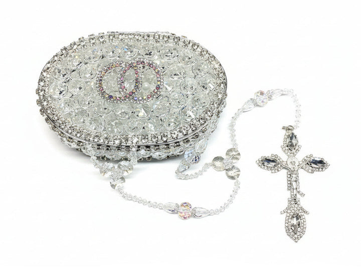 45" Crystal & Pearl Wedding Lasso with Rounded Crystal Interlocking Ring Box