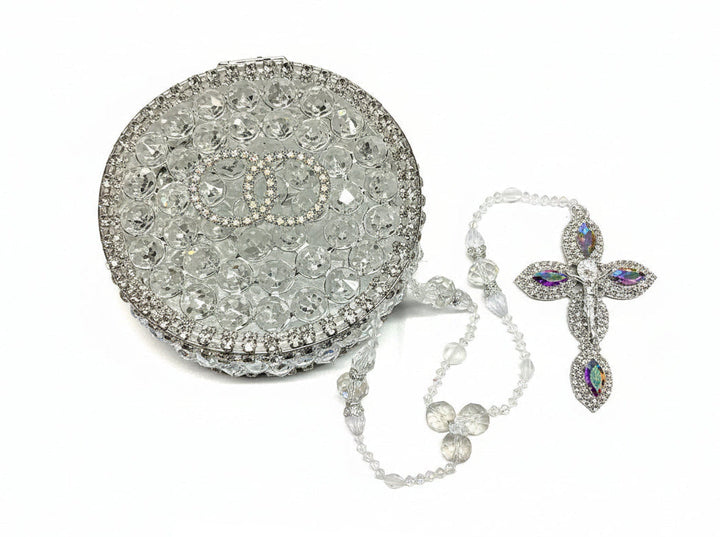 42" Frosted Heart Crystal Wedding Lasso with Circular Crystal Ring Box