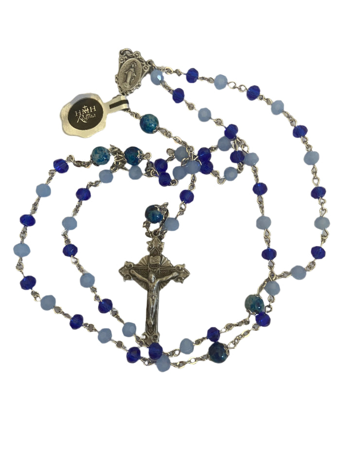 5MM Blue Opal/ Carribean faceted glass bean rosary