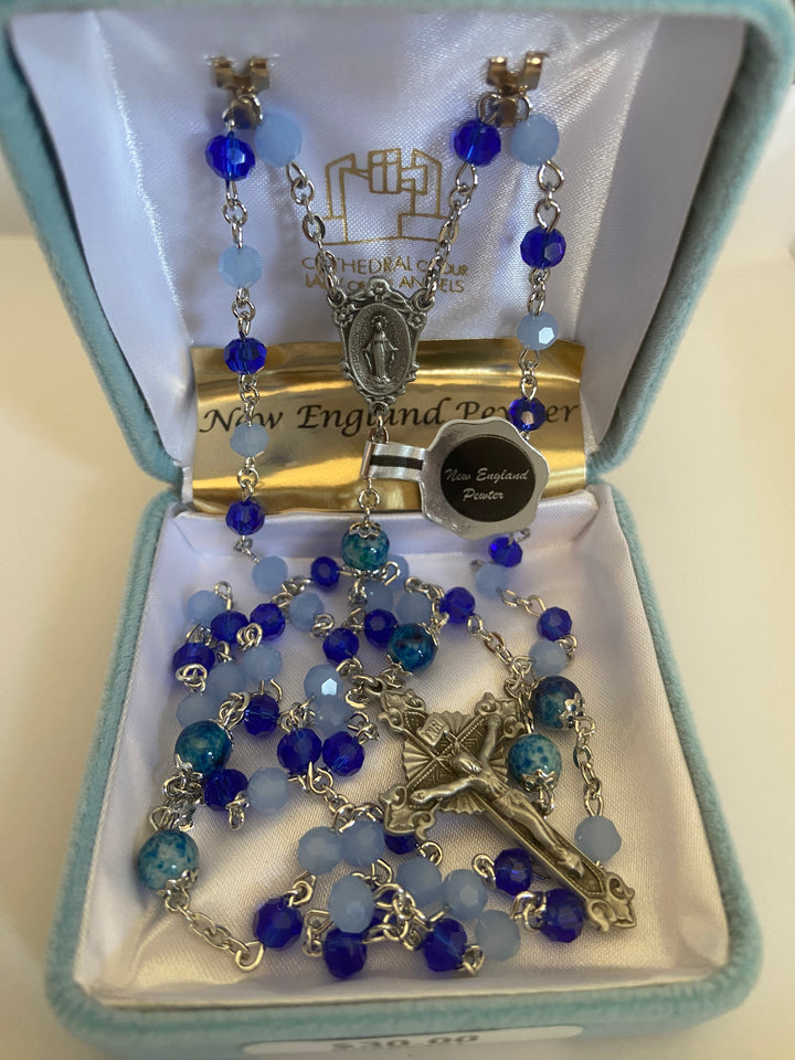 5MM Blue Opal/ Carribean faceted glass bean rosary