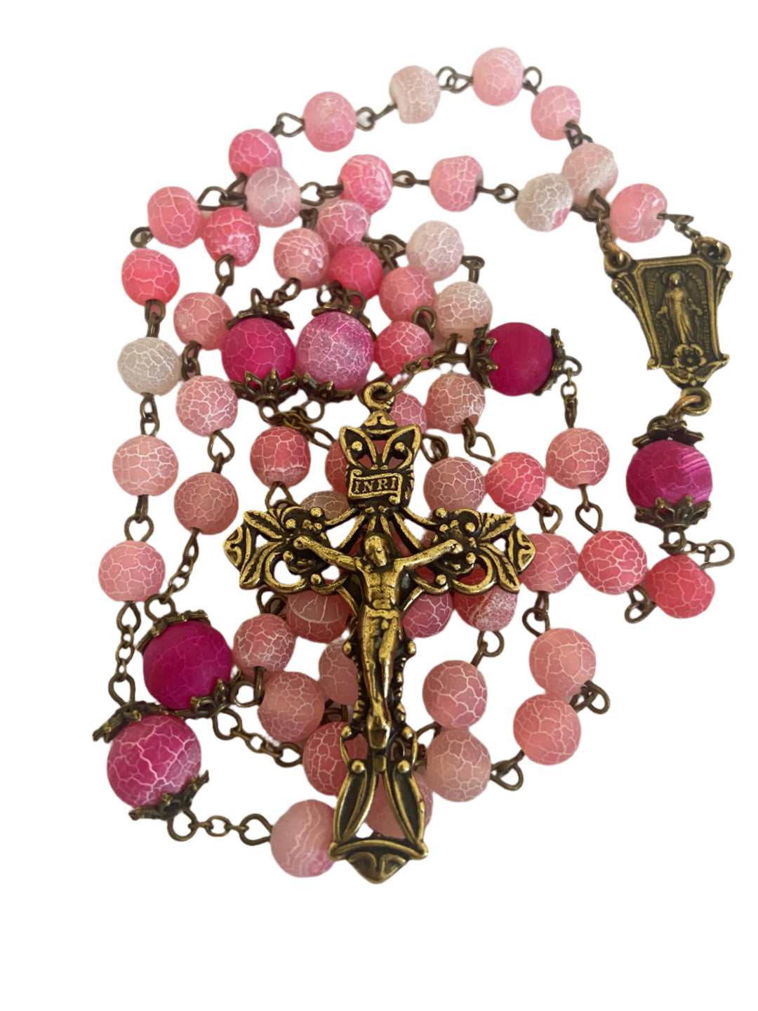 8MM Pink Crackled Glass Beads with Antique Bronze Finish Crucifix