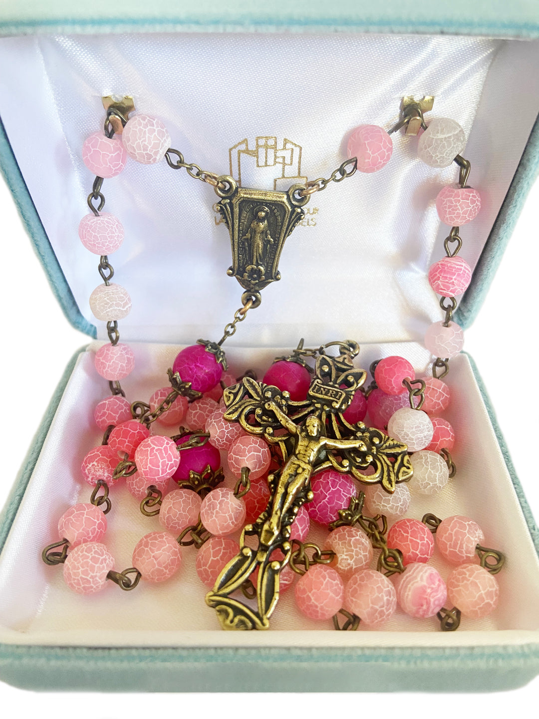 8MM Pink Crackled Glass Beads with Antique Bronze Finish Crucifix