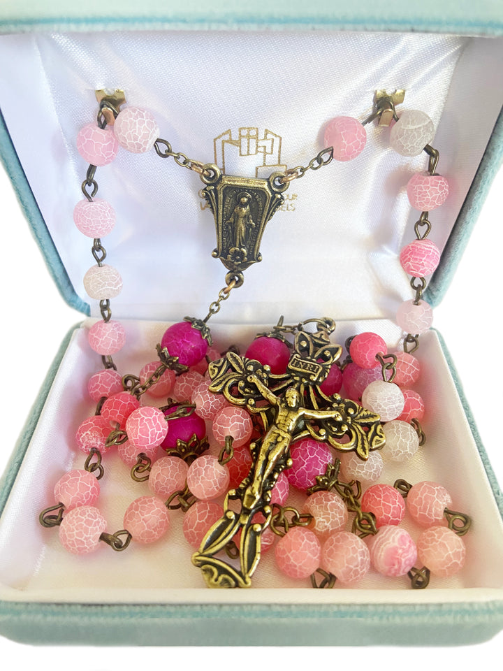 8MM Pink Crackled Glass Beads with Antique Bronze Finish Crucifix