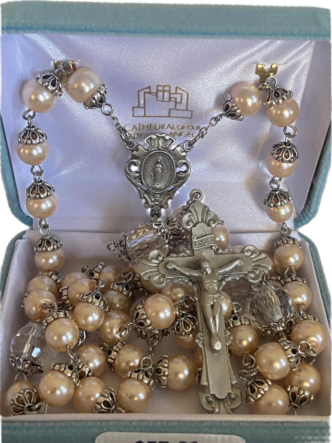 8mm Pink Capped Pearl with 12mm Round Double Capped Crystal Our Father Beads