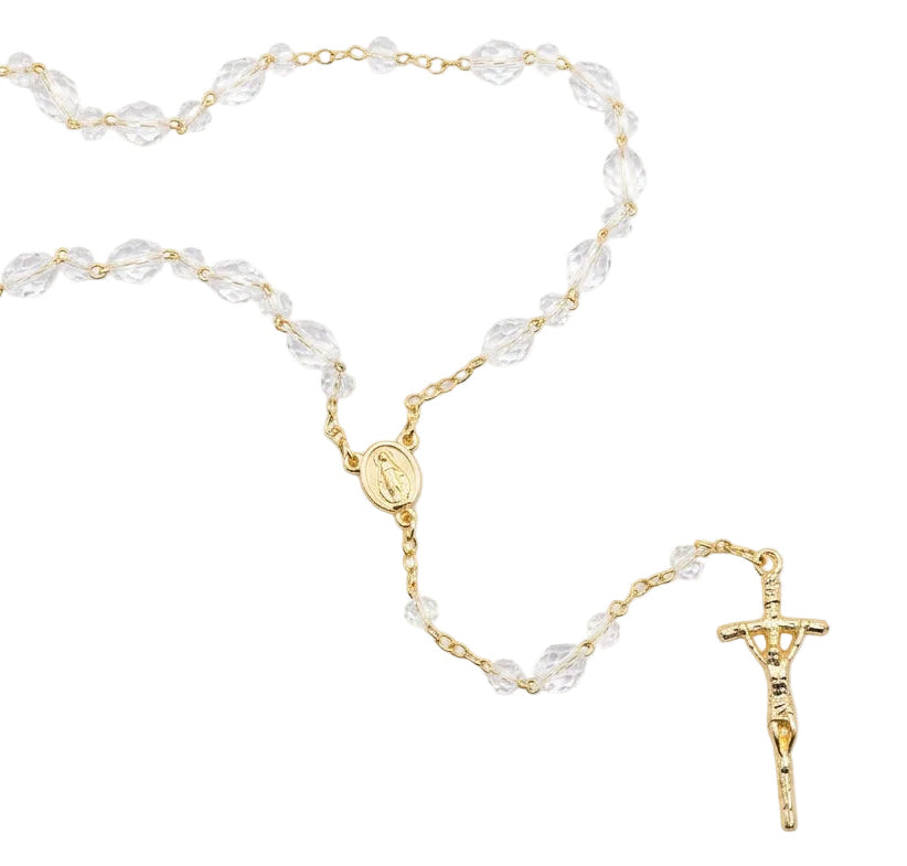 7mm Frosted Glass & Crystal Gold Plated Rosary
