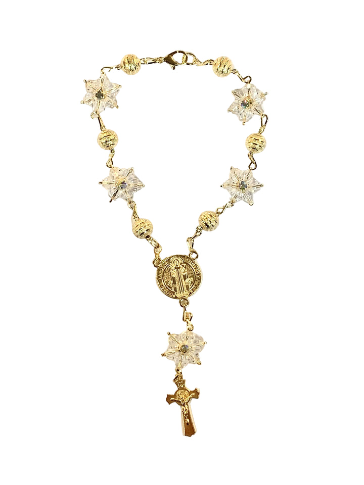 8mm Gold Snowflake Crystal St. Benedict Auto Rosary