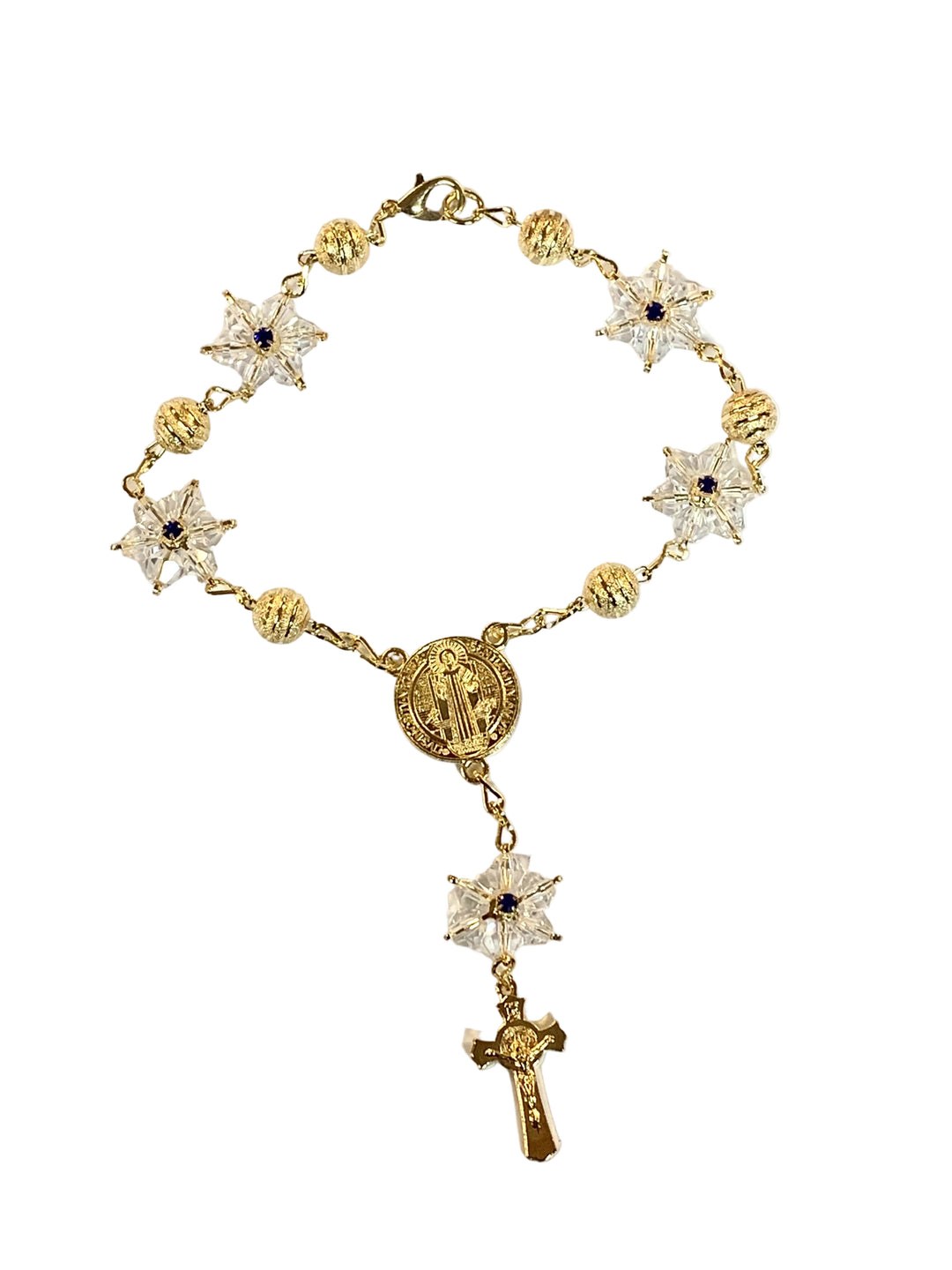 8mm Gold Snowflake Crystal St. Benedict Auto Rosary