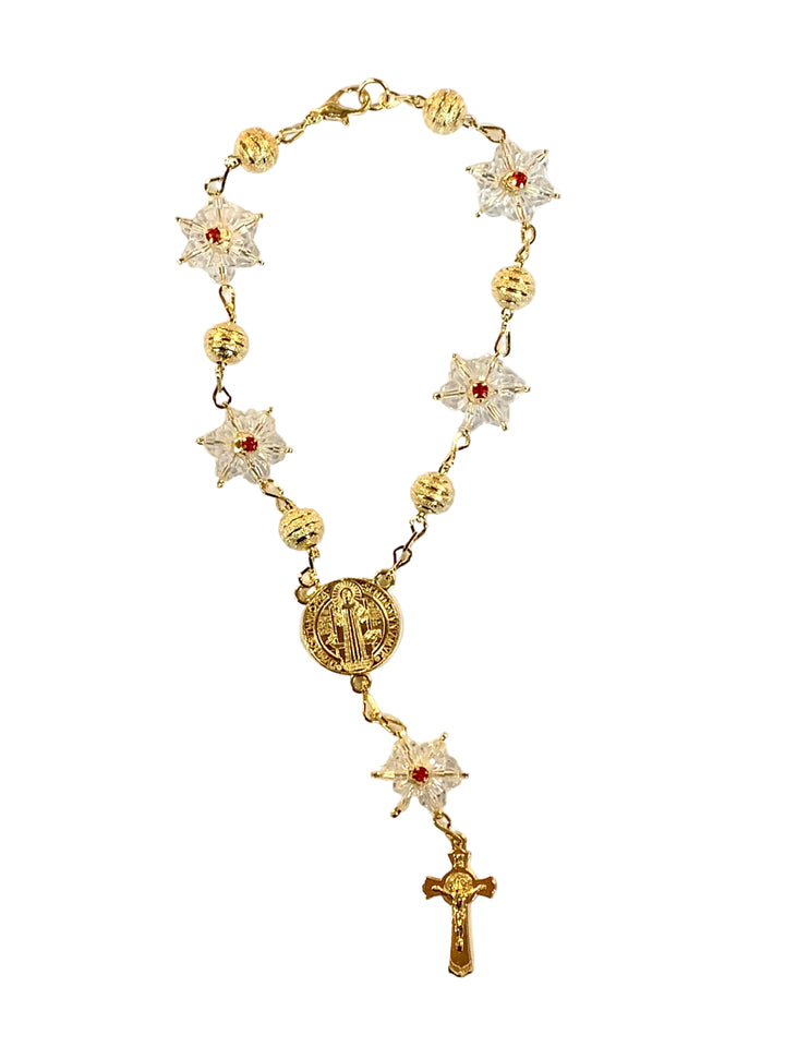 8mm Gold Snowflake Crystal St. Benedict Auto Rosary