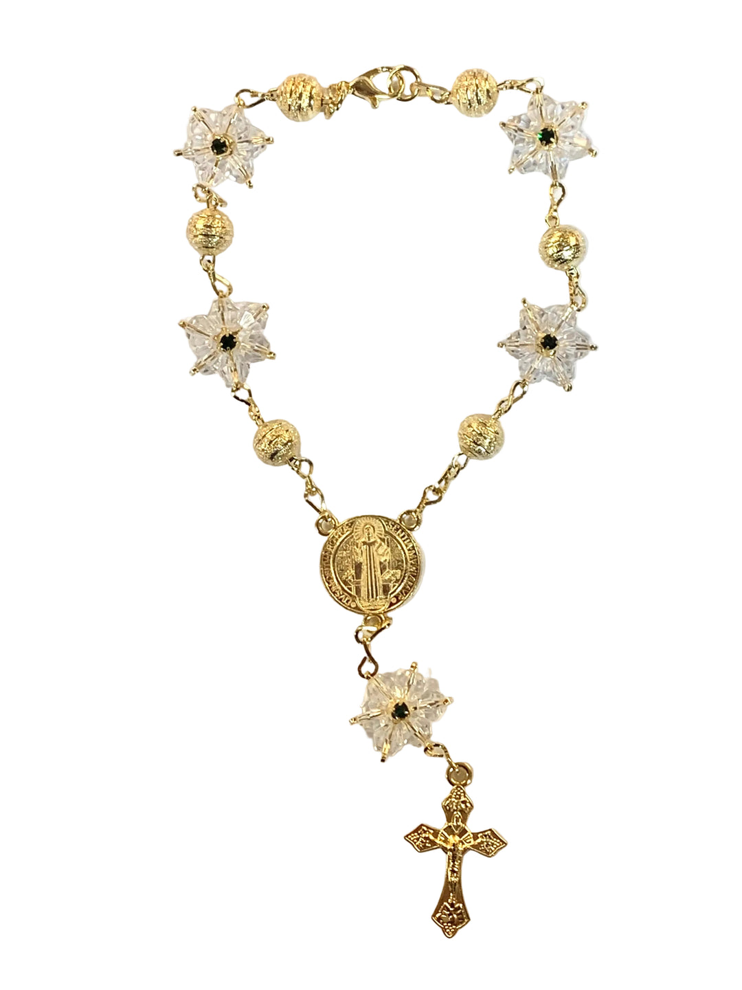 8mm Gold Snowflake Crystal St. Benedict Auto Rosary