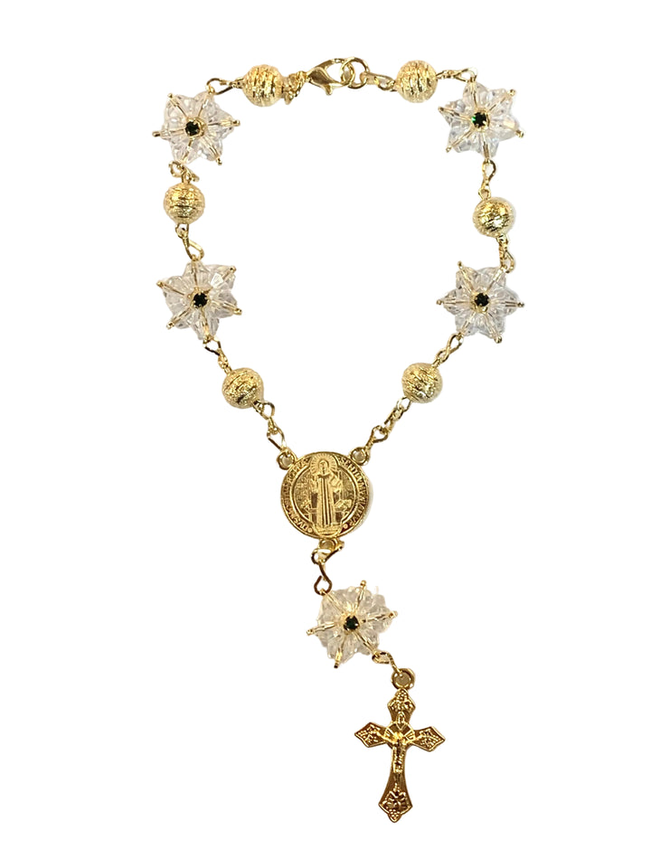 8mm Gold Snowflake Crystal St. Benedict Auto Rosary