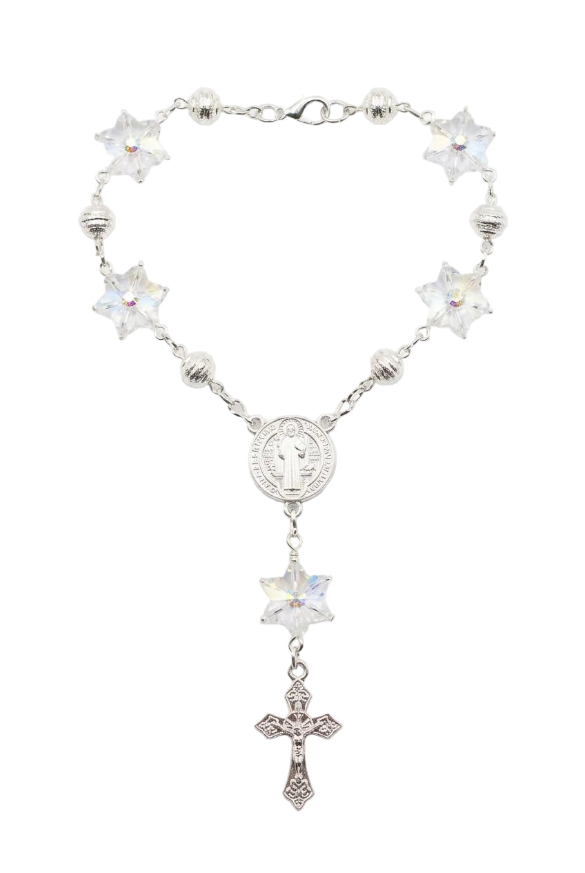 8mm Silver Snowflake Crystal St. Benedict Auto Rosary