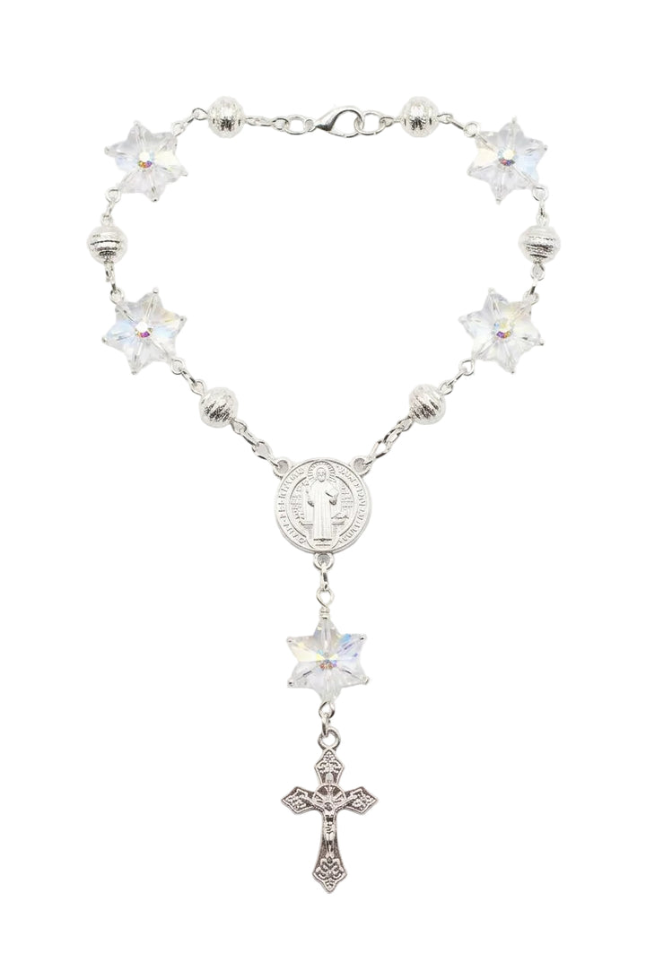 8mm Silver Snowflake Crystal St. Benedict Auto Rosary