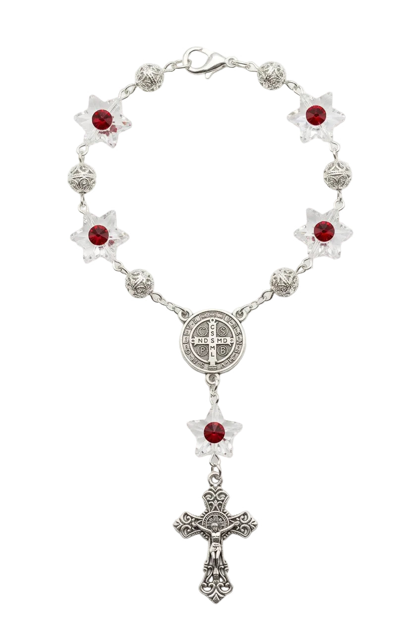 8mm Silver Snowflake Crystal St. Benedict Auto Rosary