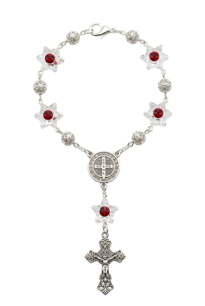 8mm Silver Snowflake Crystal St. Benedict Auto Rosary