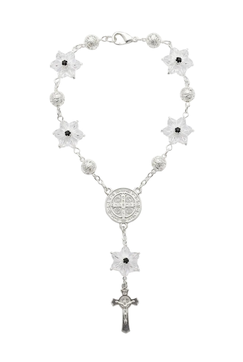 8mm Silver Snowflake Crystal St. Benedict Auto Rosary