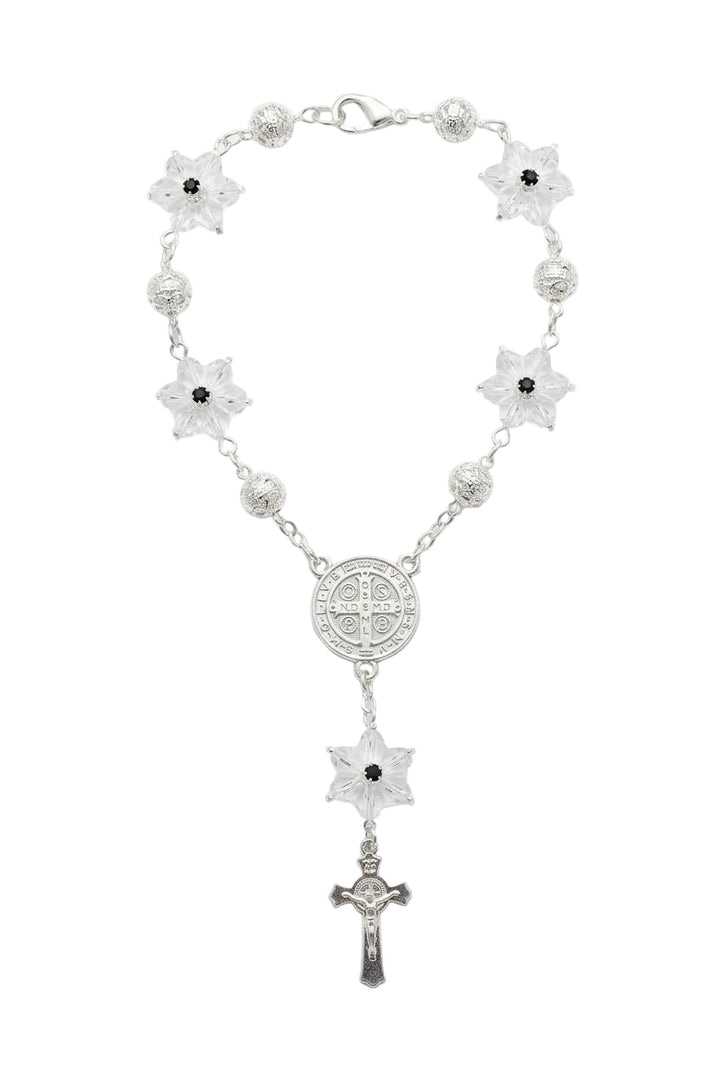 8mm Silver Snowflake Crystal St. Benedict Auto Rosary